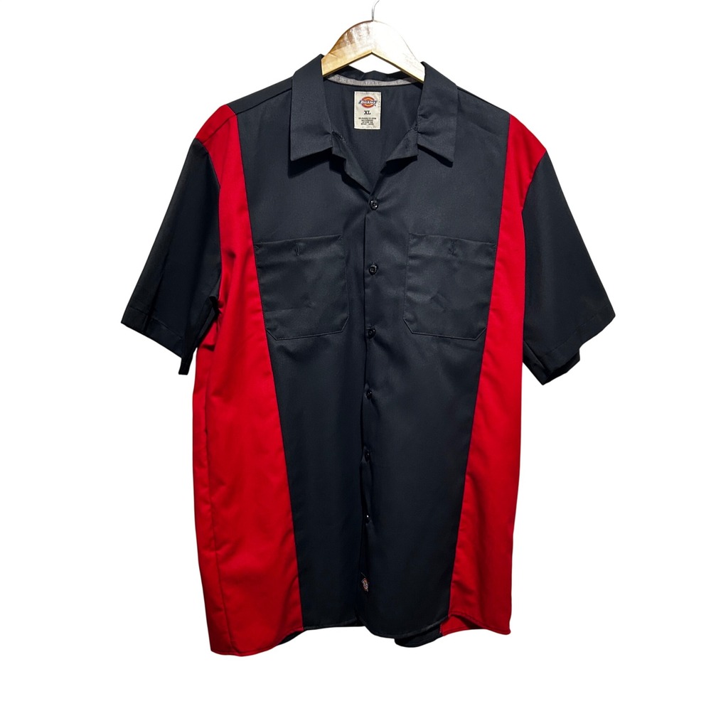 Dickies Mens Work Shirt XL Black Red Panel Button Up Utility Mechanic Uniform